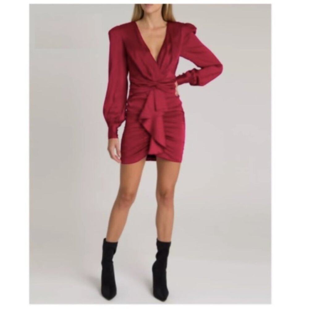 PatBO Satin Ruched Long Sleeve V-Neck Mini Dress
